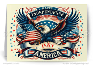 The image is a greeting card celebrating the American flag and the theme of independence. It features a large eagle with outstretched wings, a banner with the words "Happy Independence Day America", and a red, white, and blue striped banner. The background includes the American flag and stars, creating a patriotic and celebratory atmosphere.