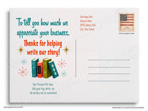 Postcard backside with text and book illustrations on a white background