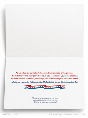 The image is a blank greeting card with a patriotic design featuring a red, white, and blue ribbon. The text on the card is a personal message, and it encourages the recipient to write a message of their own.