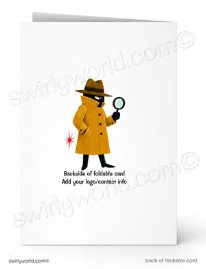 A white foldable greeting card shown front and back. The front features a simple illustration of a detective figure in a yellow trench coat holding a magnifying glass, with placeholder text reading 'Backside of foldable card Add your logo/contact info.