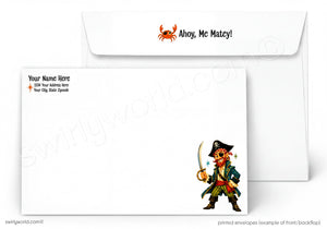 A printed envelope set shown on a white background, with one envelope displaying the back flap design and one card-style envelope showing the front with placeholder text and a small pirate illustration.
