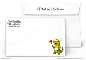 A white envelope with a cartoon crocodile holding a sign that says "Thank You For Your Business!" The envelope also has a space for a recipient's name and address.
