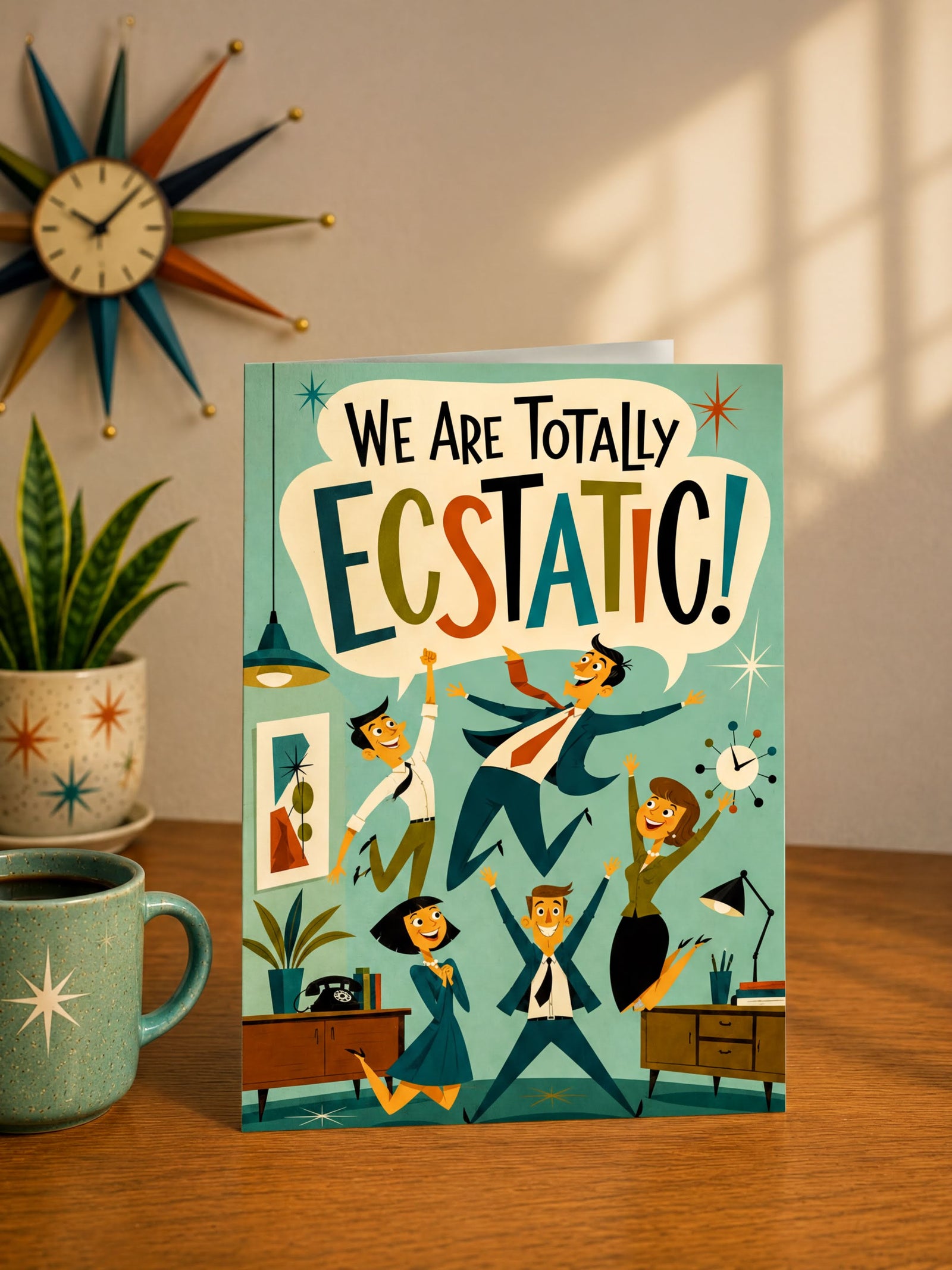 A retro-style foldable greeting card featuring the text 'WE ARE TOTALLY ECSTATIC!' in large colorful letters. The illustrated scene shows five people jumping and celebrating in a mid-century modern office with desks, lamps, a plant, and a clock.