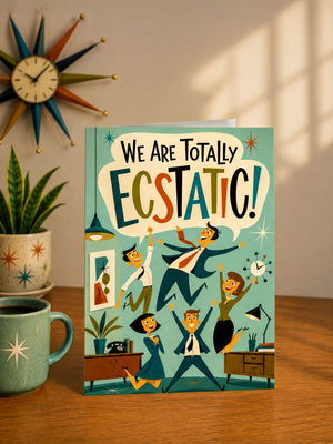 a colorful greeting card with illustrations of people in various poses, including dancing and jumping, along with a clock and other office-related objects.