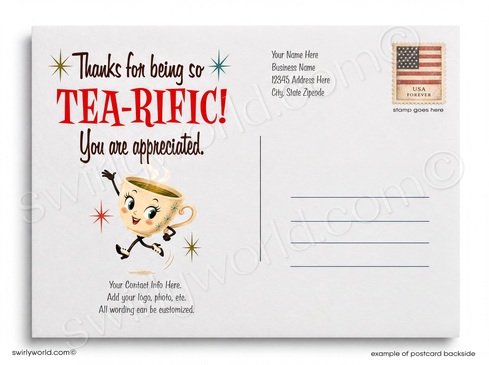 The image is a whimsical illustration featuring a cup character with a face and arms, surrounded by various tea-related objects and decorations, such as a teapot, cups, and a checkered tablecloth.