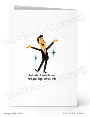 A white foldable greeting card shown front and back on a clean white background. The front features a cartoon man in a black suit with arms outstretched, and the back shows placeholder text reading 'Backside of foldable card Add your logo/contest info' with 'back of foldable card' at the bottom.