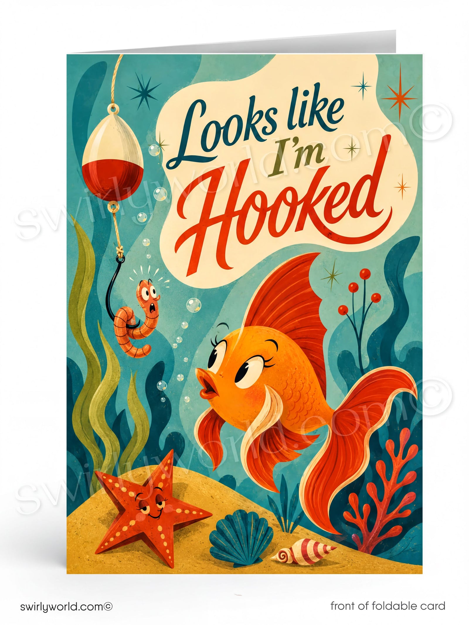 Card with a fish and worm character underwater, text 'Looks like I'm Hooked', colorful design