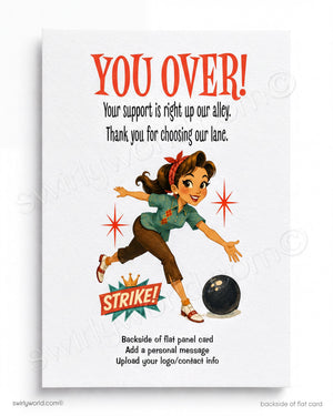 Vintage-style card with a girl bowling and text 'YOU OVER!' on a white background