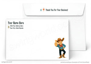 A white envelope with a cartoon cowboy on it, along with a message that says "Thank You For Your Business!"