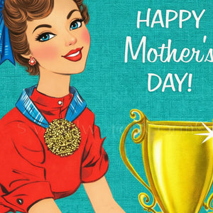 A woman in a red dress with a medal around her neck is smiling and looking to the side, with a trophy and the text "Happy Mother's Day!" displayed in the background.