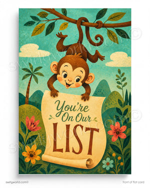 Illustration of a monkey holding a scroll with 'You're On Our List' text in a jungle setting.