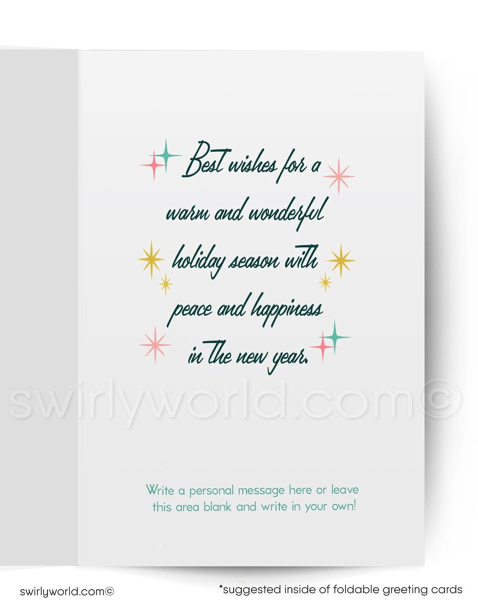 Christmas card with a pink house, snowman, and sleigh on a teal background