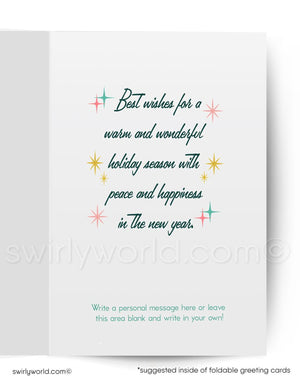 Holiday greeting card with festive text and star decorations on a white background