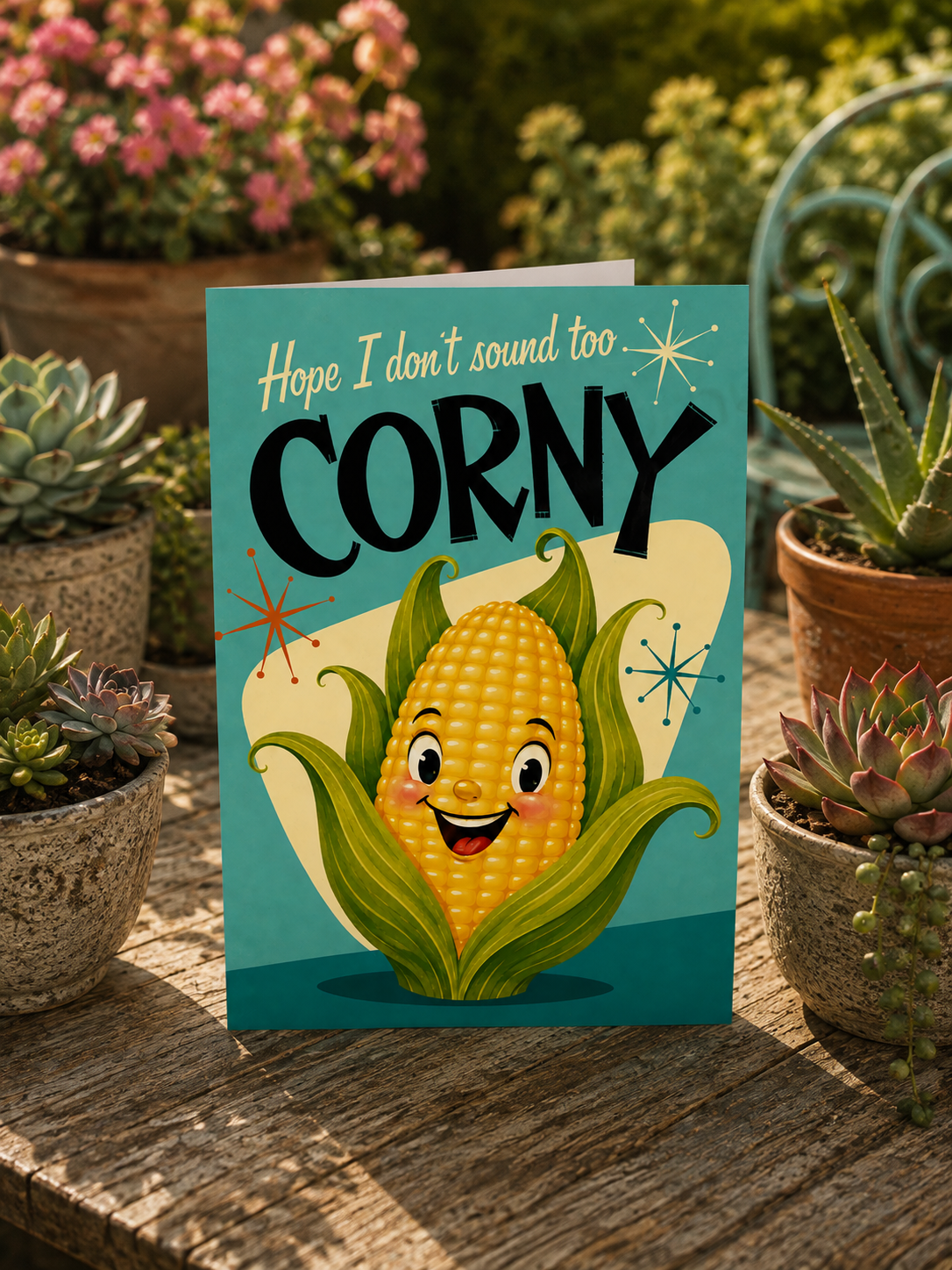 A folded greeting card shown front-on against a white background. The card features a cartoon corn cob with a smiling face, green leaves, and the text 'Hope I don't sound too CORNY' on a teal background.