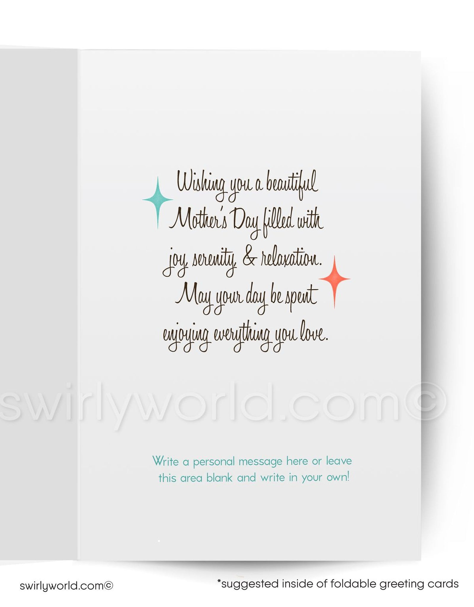 Vintage-style Mother's Day card with a bunny character at a table with food and flowers.