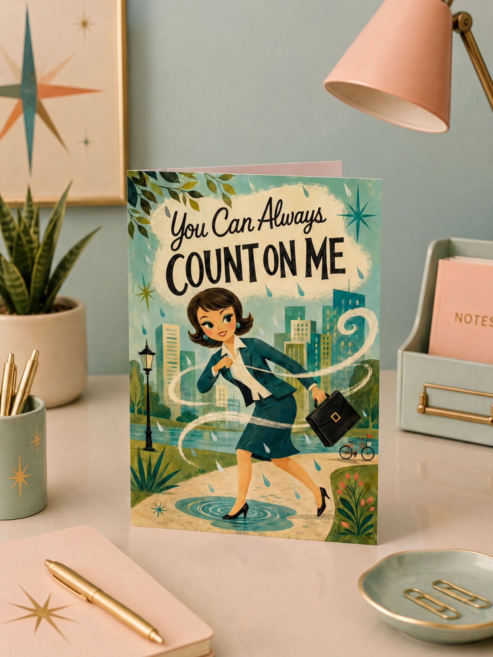 A folded greeting card shown front-on against a white background. The card features a retro-style illustration of a woman in a blue suit walking through a puddle with a briefcase, with the text 'You Can Always COUNT ON ME' above her.