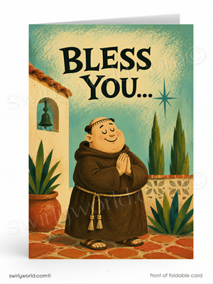The image is a greeting card featuring a cartoon illustration of a smiling man in a brown robe, standing in front of a building with a bell tower. The card has a "Bless You..." message written above the illustration.