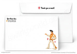 White printed envelopes shown on a white background, with one envelope in front and one behind. The front envelope has placeholder text on the left and a printed illustration of a performer in a gold and white outfit with red star accents on the lower right.