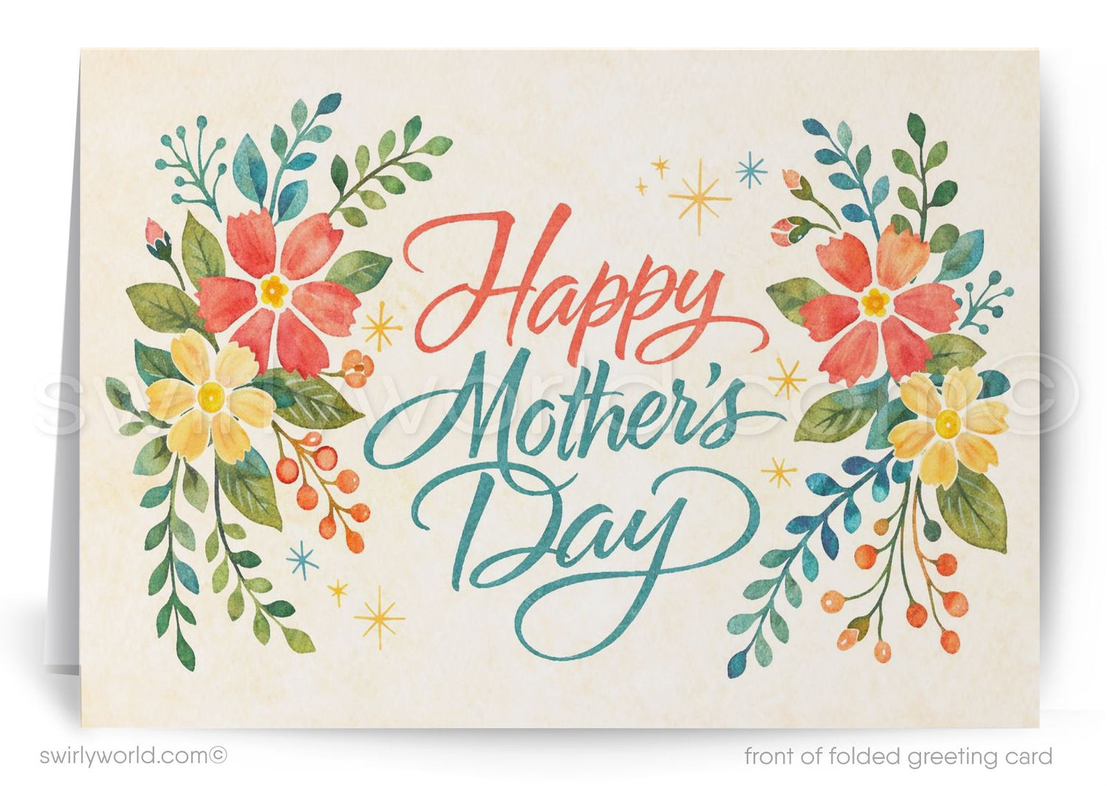 Greeting card with 'Happy Mother's Day' text and floral designs on a beige background