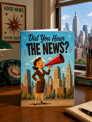a card with a woman holding a megaphone and posing in front of a cityscape, with the text "Did You Hear The News?" displayed prominently.