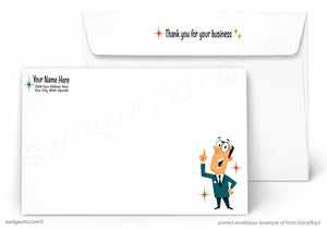 A printed white envelope set shown on a light gray background. The front envelope has placeholder text and a small cartoon businessman pointing upward, while the back envelope shows the phrase 'Thank you for your business' with star accents.