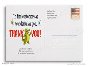 The image is a postcard with a cartoon alligator and a message that says "Thank you!" The postcard has a blank space for a recipient's name and address, and it also includes a stamp from the United States.