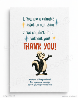 The image is a flat panel card with a cartoon skunk and a message of gratitude.