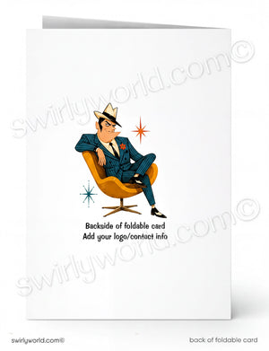 A cartoon illustration of a man wearing a suit and hat, sitting in a chair with a starburst design above him.
