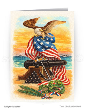 Vintage-style card with an eagle draped in an American flag, holding a cannon, and surrounded by symbols of patriotism.
