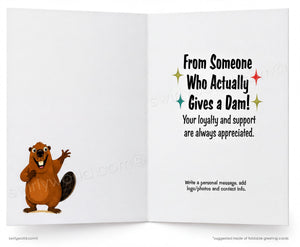 Greeting card with cartoon beaver and message 'From Someone Who Actually Gives a Dam!'