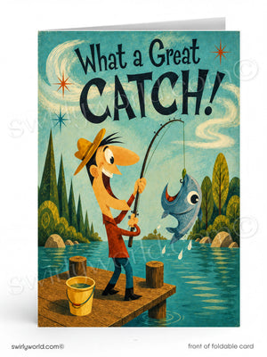 Card with cartoon character fishing, text 'What a Great Catch!', and nature background.