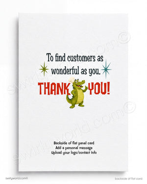The image is a flat panel card with a cartoon alligator and a message that reads "Thank you!" The card has a white background and the text is written in a clear, readable font.