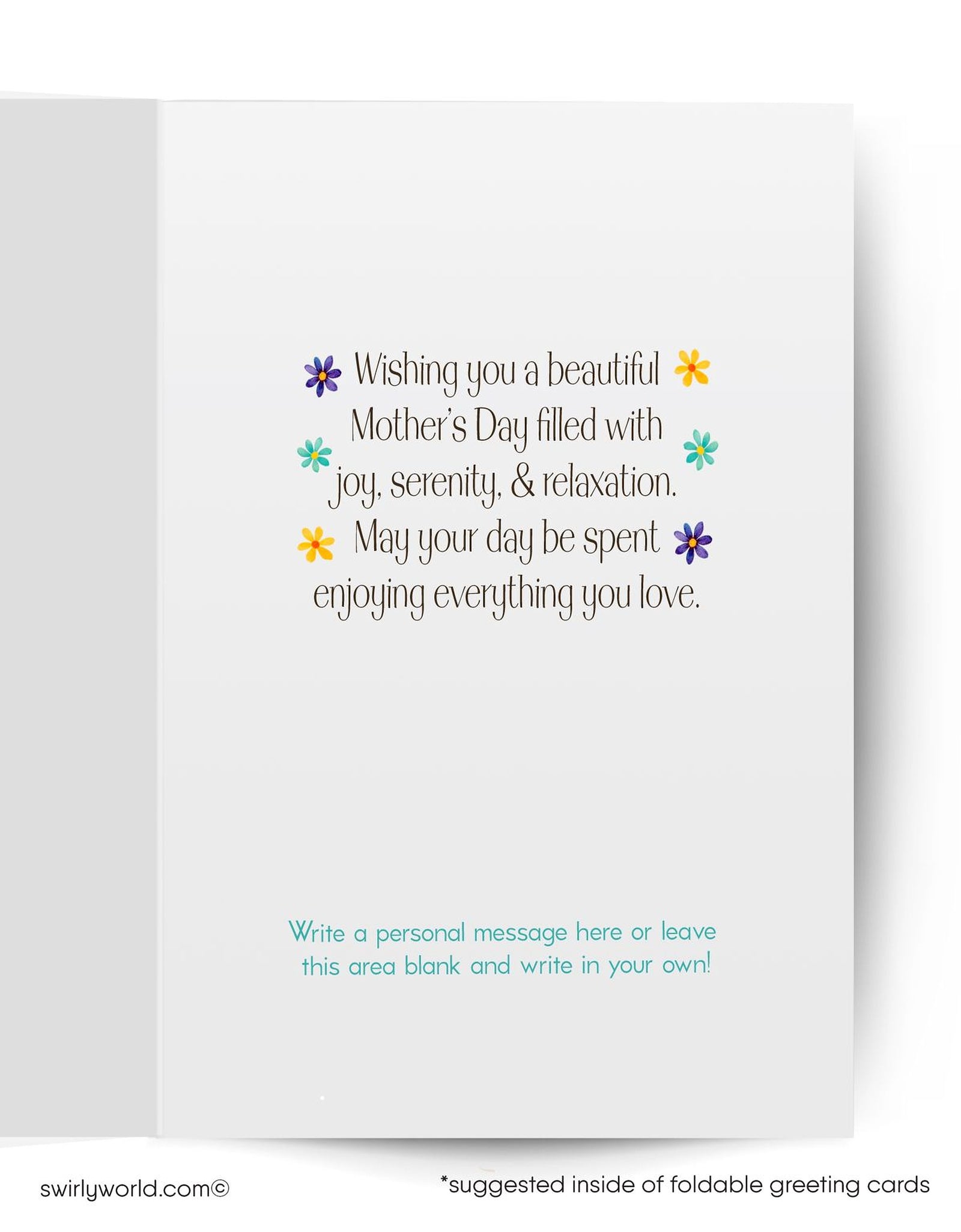 Mother's Day card with decorative urns, flowers, and 'Happy Mother's Day' text on a light blue background.