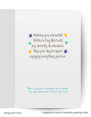 The image is a greeting card with a message wishing a beautiful Mother's Day filled with joy, serenity, and relaxation. It encourages the recipient to spend their day enjoying everything they love. The card provides a blank space for the recipient to write a personal message, and it suggests that the image is part of a collection of greeting cards.