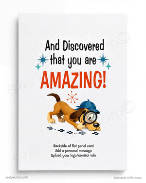 The image is a flat panel card featuring a cartoon dog wearing a hat and glasses, with the text "And Discovered that you are AMAZING!" displayed prominently.