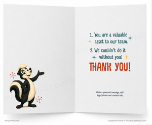 The image is a greeting card with a cartoon skunk character on the left side. The right side of the card has a message expressing gratitude and includes instructions for writing a personal message, adding photos, and contacting the sender.