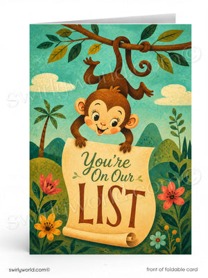 Card with a monkey holding a scroll saying 'You're On Our List' in a jungle setting.