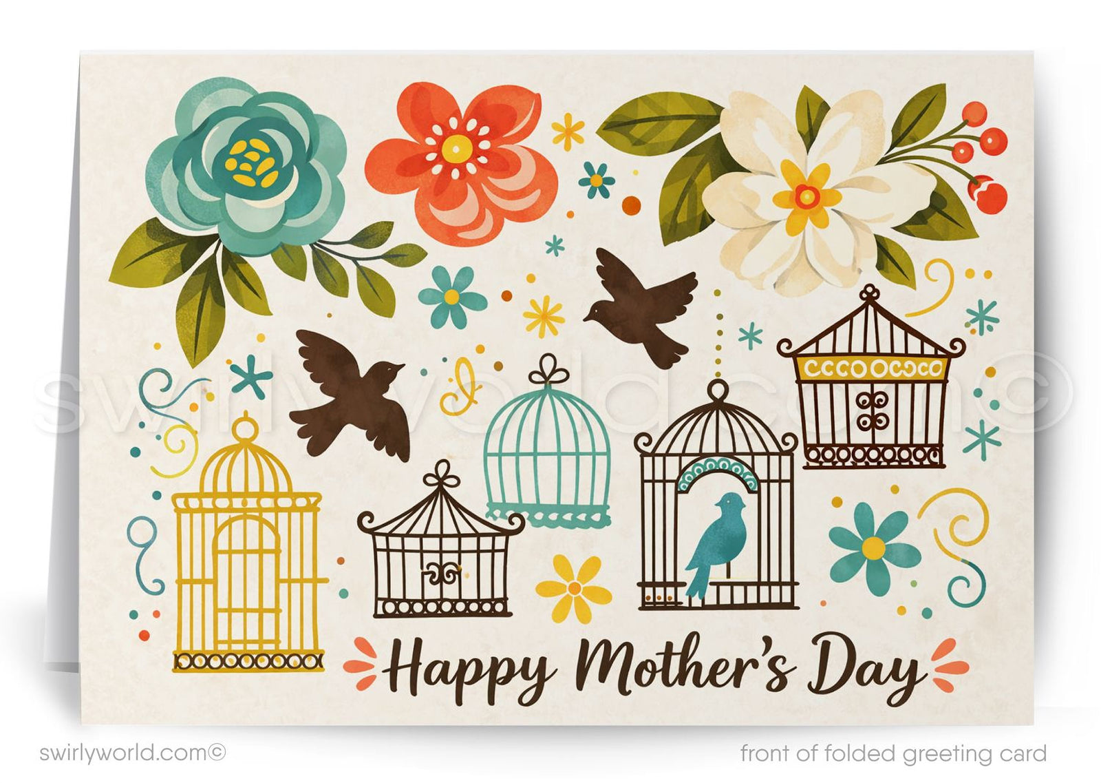 Greeting card with flowers, birds, and birdcages for Mother's Day