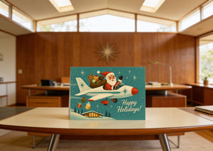 A vintage-style holiday greeting card featuring Santa Claus riding an airplane, with a star decoration on the wall behind him.