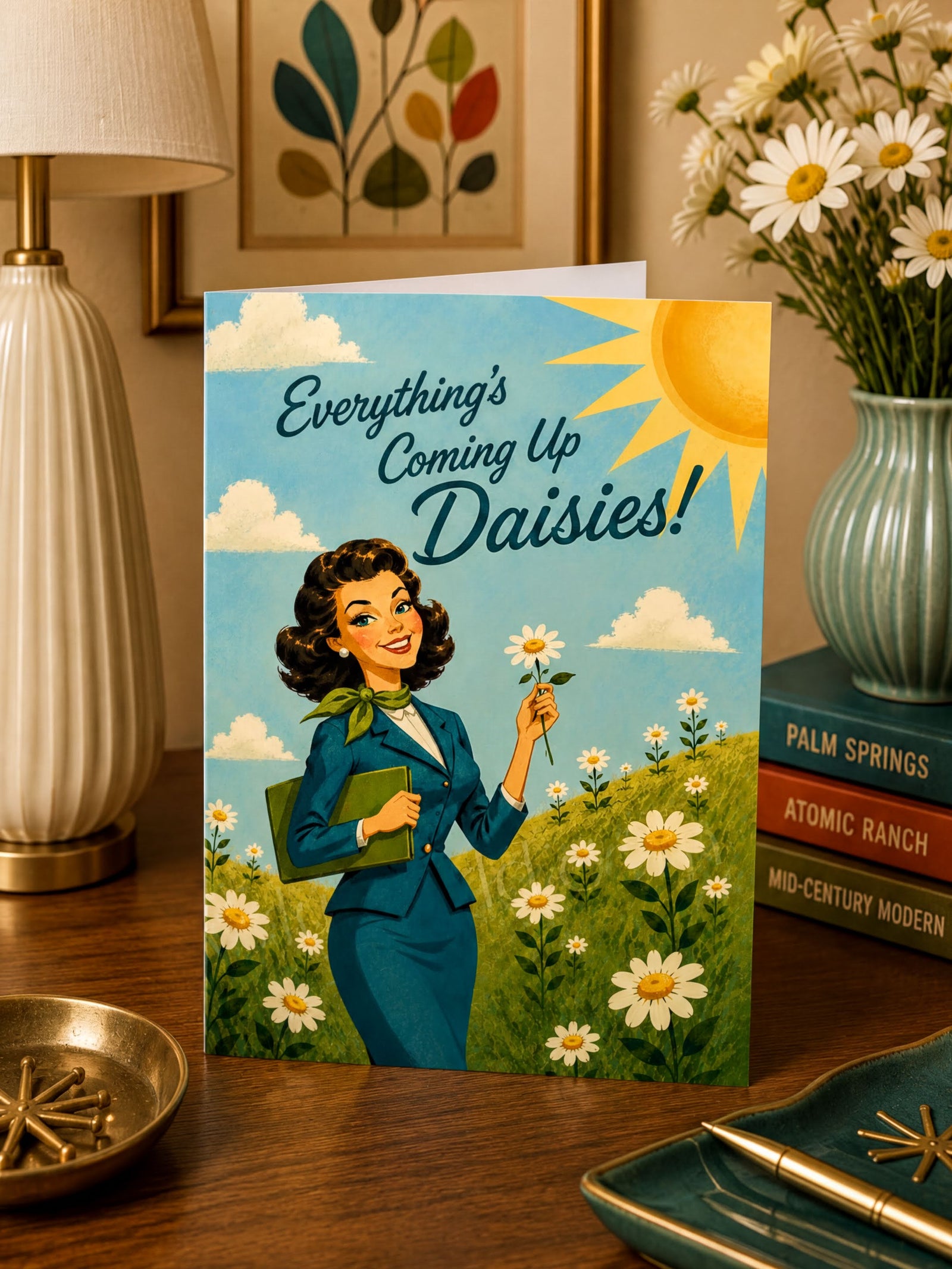 The image is a colorful illustration of a woman standing in a field of flowers, holding a book and smiling. The text above her reads "Everything's Coming Up Daisies!"