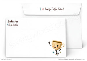 A white envelope with a cartoon cup character on the front, and a message "Thank You For Your Business!" printed on the back.