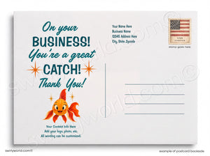 Postcard with a goldfish illustration and text on a white background
