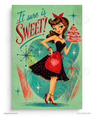 Vintage-style illustration of a woman holding cupcakes with text 'It sure is sweet!' on a green background.