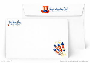 The image is a printed envelope featuring a patriotic design with fireworks and an American hat. The envelope has a white background and displays the text "Happy Independence Day!" along with a star symbol.