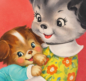 Cartoon cat and dog holding hands with a red background