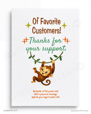 Card with a monkey illustration and text thanking customers for their support on a white background.