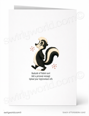 A cartoon image of a skunk with a friendly expression, accompanied by red stars, is featured on a white background.
