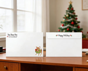 two white envelopes with holiday-themed designs, placed on a wooden desk in front of a decorated Christmas tree.