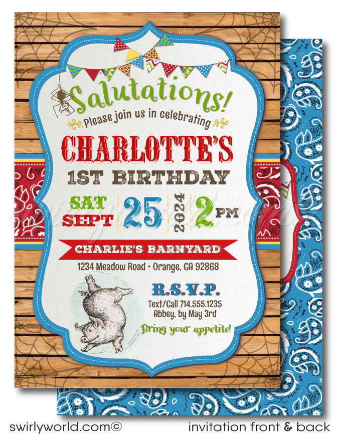 Charlotte's Web Barnyard Farm Animals Wilbur the Pig Birthday Invitations Digital Download