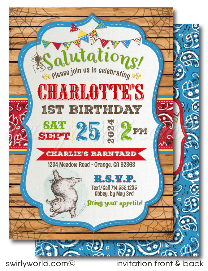 Celebrate with our Charlotte's Web Barnyard Themed Invitation Set! 🐷🌟 Perfect for your little one's 1st birthday, this vintage-inspired set includes invitations, thank you cards, and matching envelopes. Bring E.B. White's classic tale to life with vibrant barnyard colors and iconic imagery. Expertly printed and shipped to your door! 